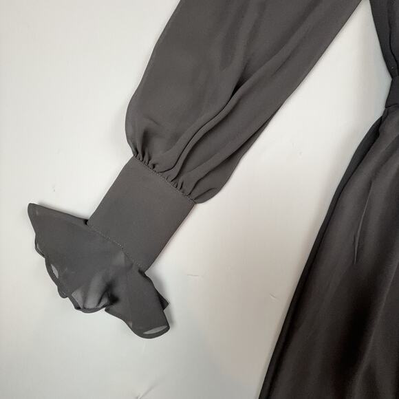 Express Chiffon Mesh Inset Mini Dress Black 0 Long Sleeve High Neck Goth Romance - Picture 4 of 9